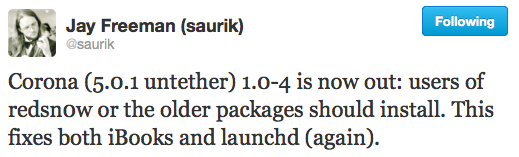 saurik tweet Corona untethered jailbreak for iOS 5.0.1 gets updated