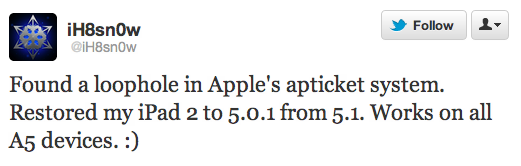 downgrade to 501 Хакер iH8sn0w нашел способ пользователям iPhone 4S и iPad 2 вернуться на iOS 5.0.1