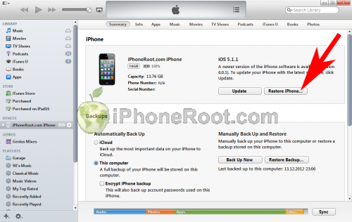 iTunes 11 iphone restore2 500x316 Step by step Tutorial: How to perform correct restore for iOS 6.1 jailbreak