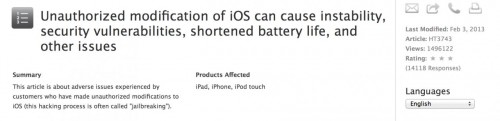 warning 500x121 Apple опубликовала документ, предостеригающий пользователей не делать джейлбрейк