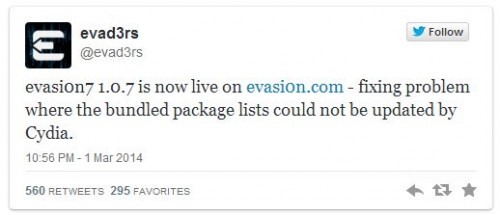 evasion 1.0.7 500x215 Вышла новая версия Evasi0n7 1.0.7, в которой исправлена проблема с обновлением пакетов в Cydia